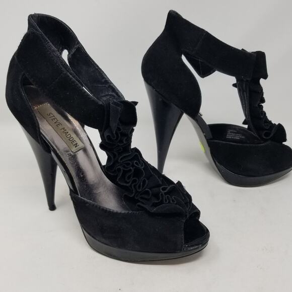 Steve Madden Black Suede Leather Ruffle Platform Heels Size 9 - Picture 7 of 13